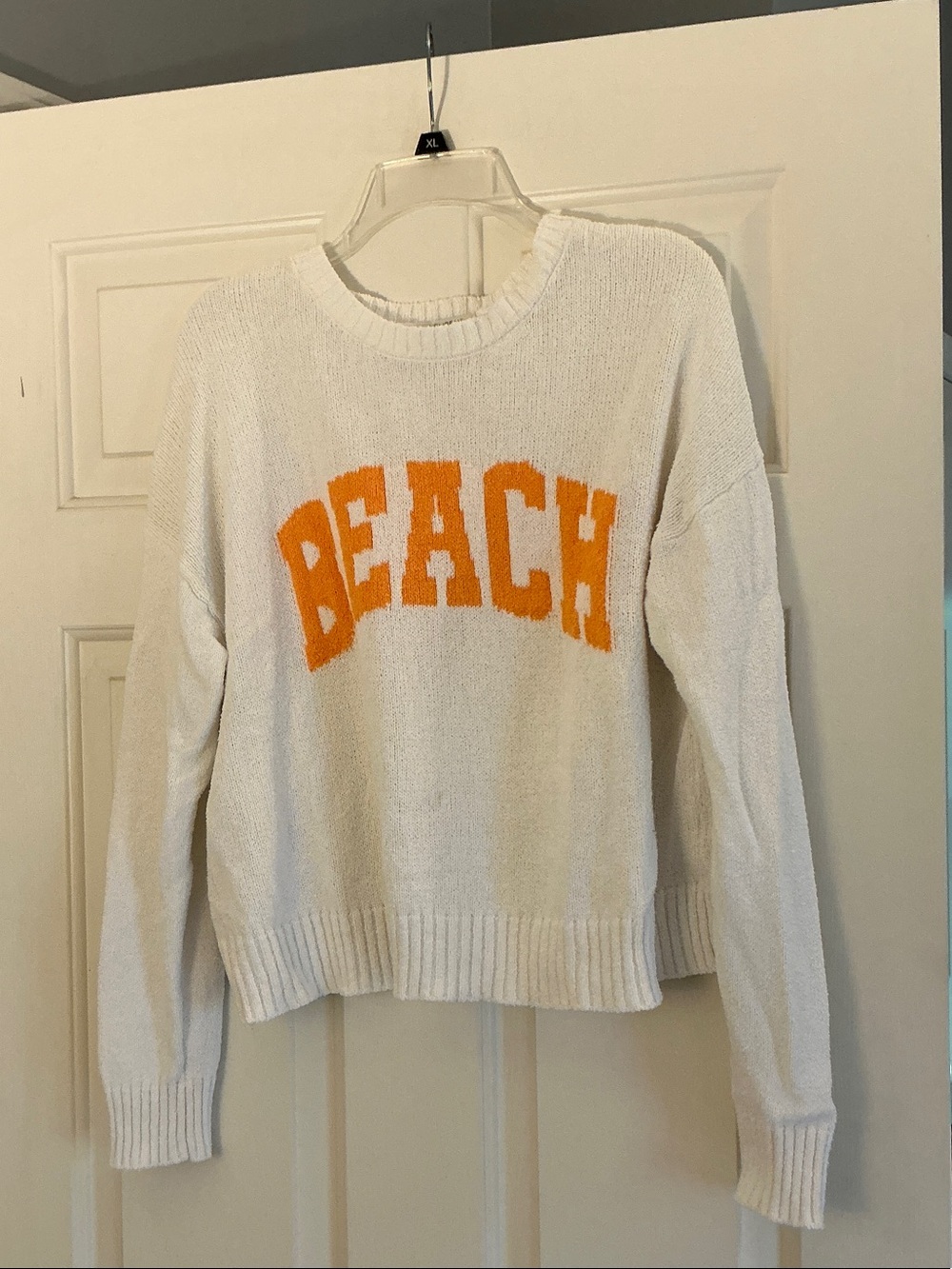 Z Supply White Crewneck Sweater with Orange Chenille 'BEACH' size Medium